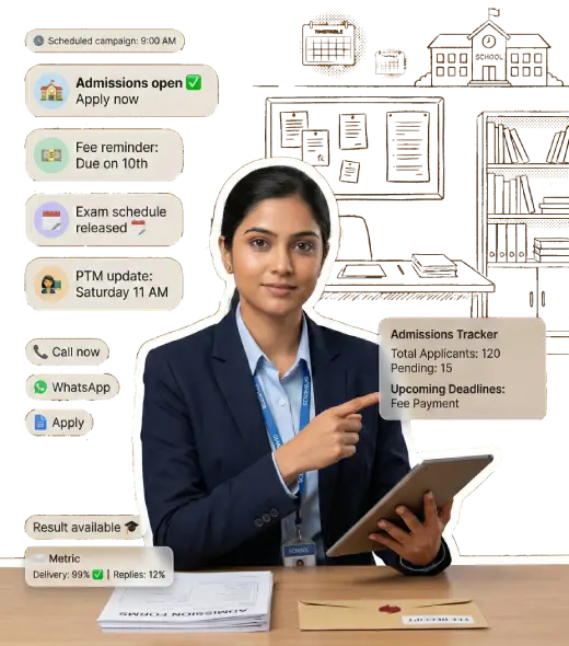 Education SMS use case showing fee reminder and student update message