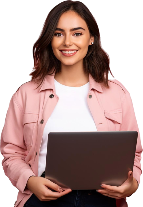 Smiling support executive holding a laptop, inviting users to request a demo