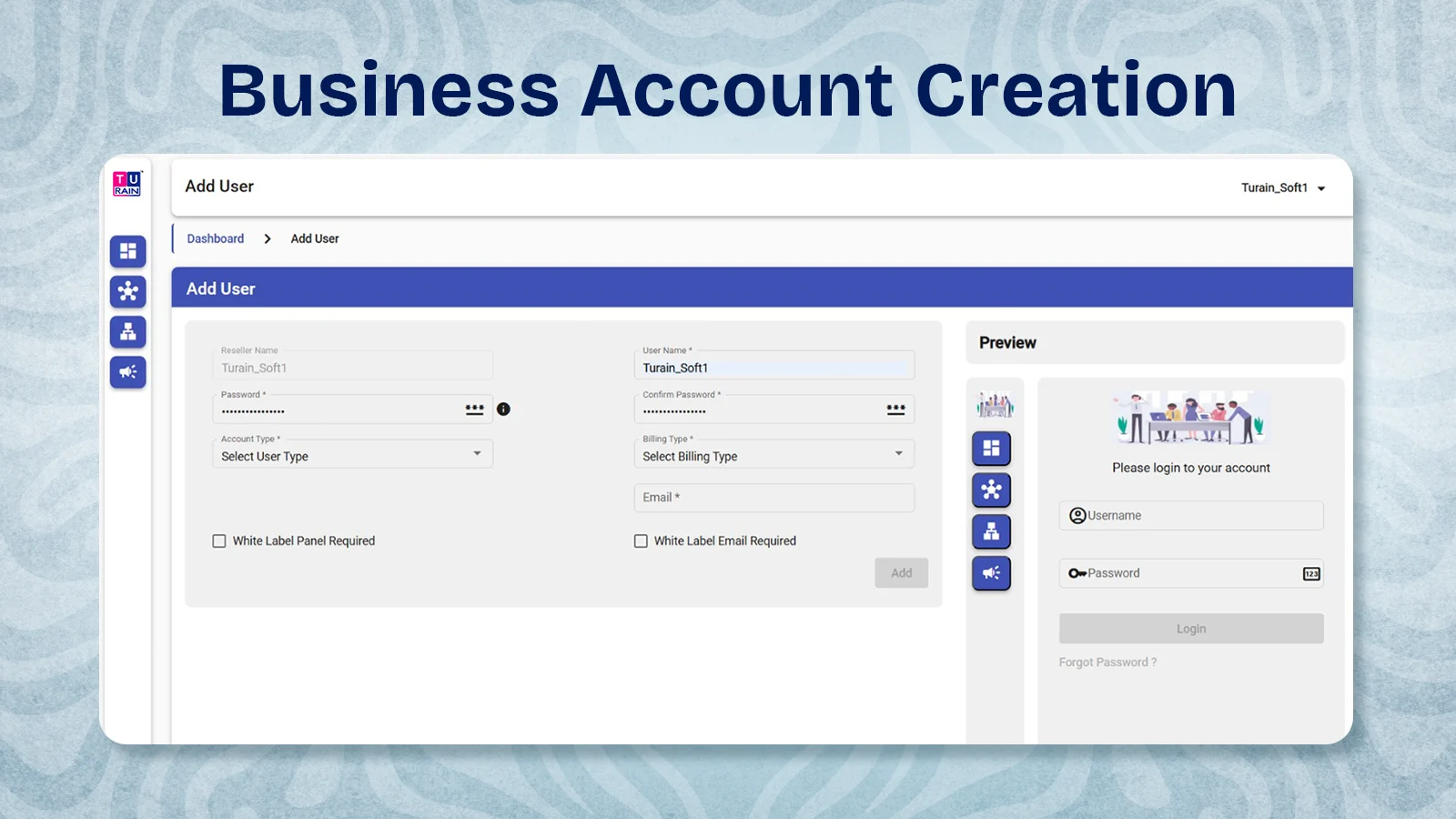 Screenshot of the RCS platform 'Add User' page for creating a business account and setting user details.