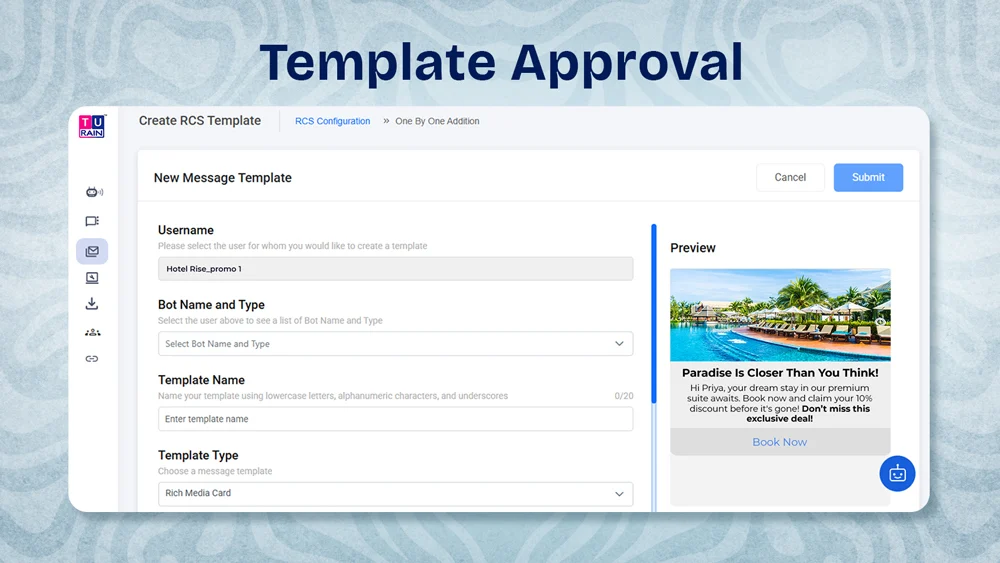 Screenshot of the RCS template approval screen with message template fields and a rich media preview card.
